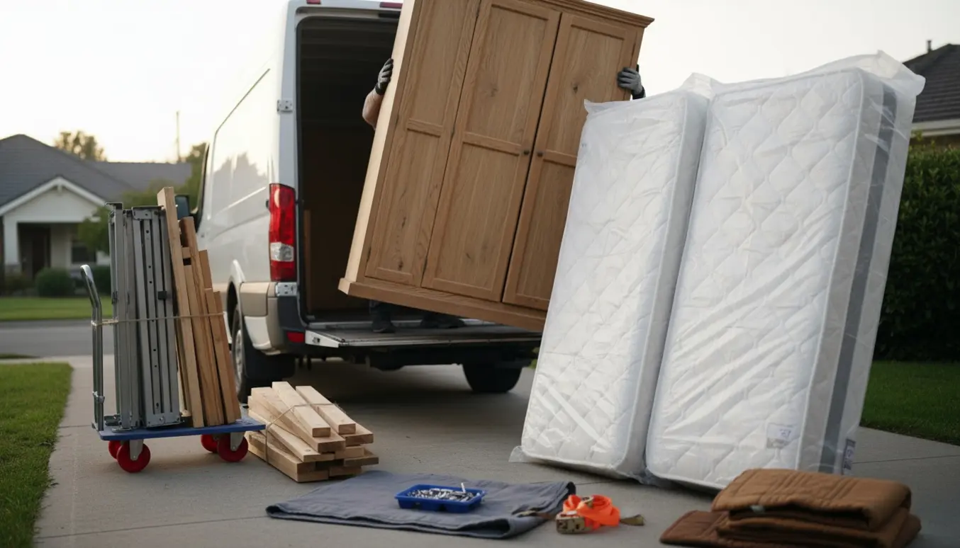 Et samlet garderobeskab, adskilte dobbeltsengerammer og indpakkede madrasser ved indkørsel klar til bortskaffelse.