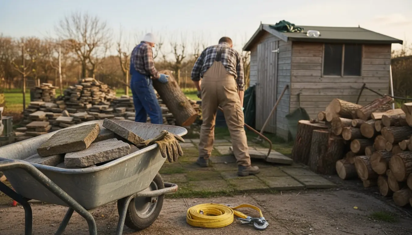 Rygbillede af folk, der løfter tunge fliser og træstammer i en baghave med trillebør og værktøj.