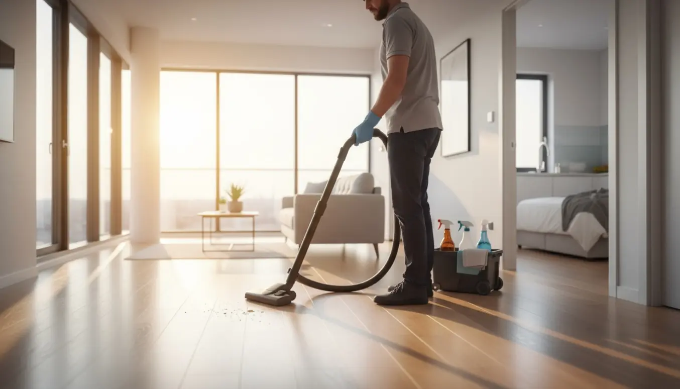 Professionel rengøringshjælp støvsuger en lys, moderne lejlighed uden synlige ansigter.