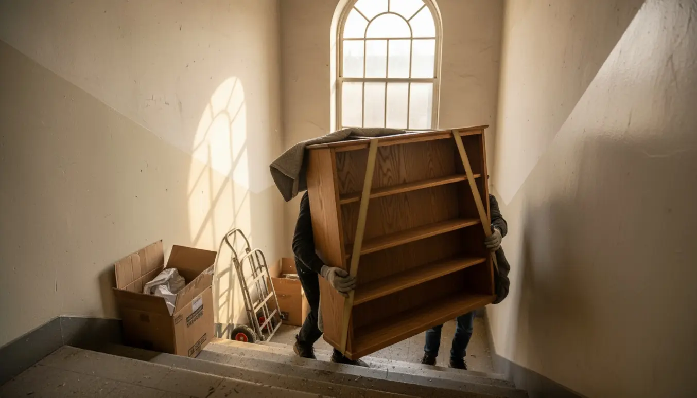 To personer bærer en tung træreol ned ad en smal opgang uden elevator, med handsker og flyttetæpper.
