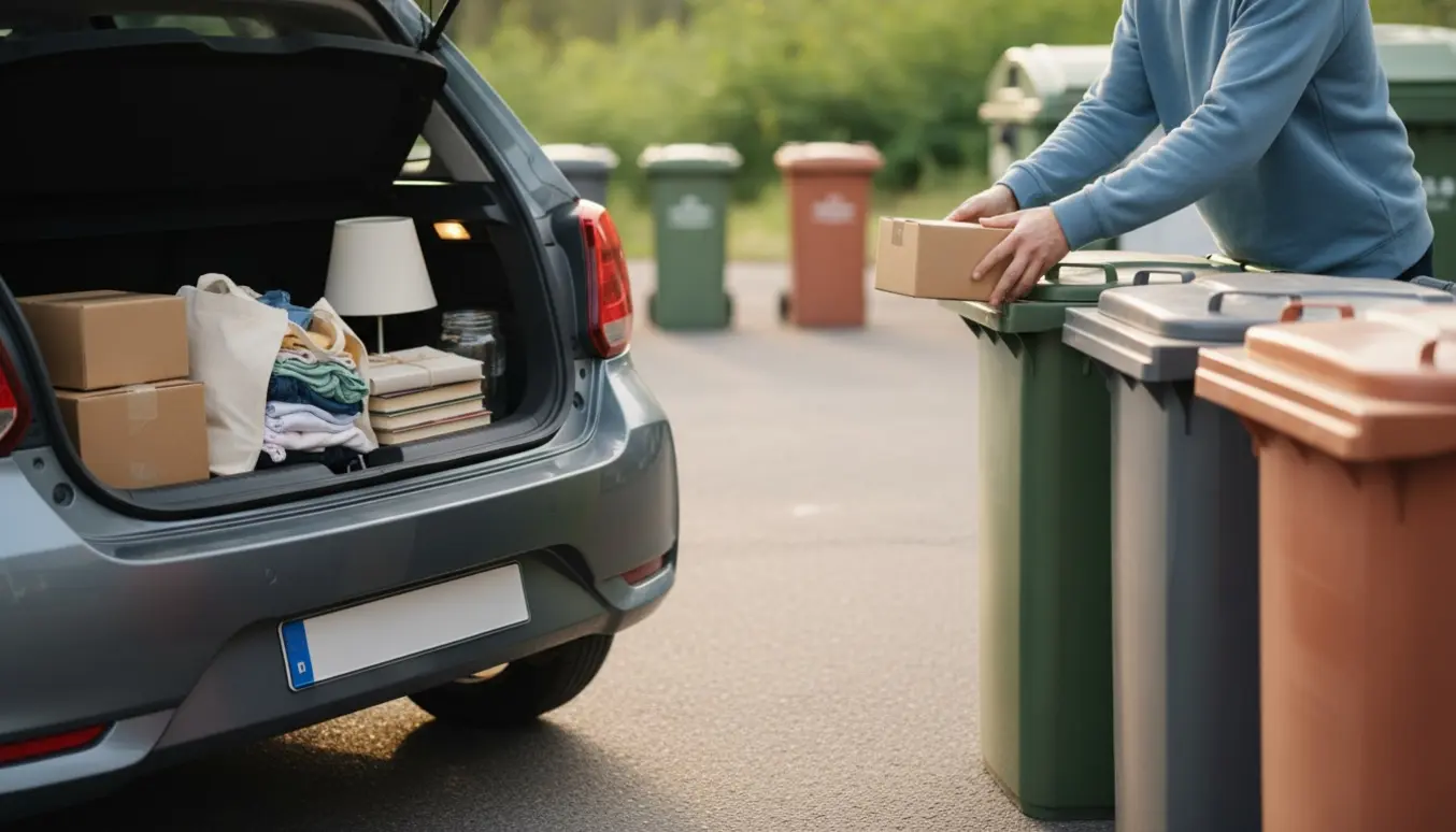 En person afleverer en lille, let læs ved en genbrugsplads set bagfra uden synligt ansigt.