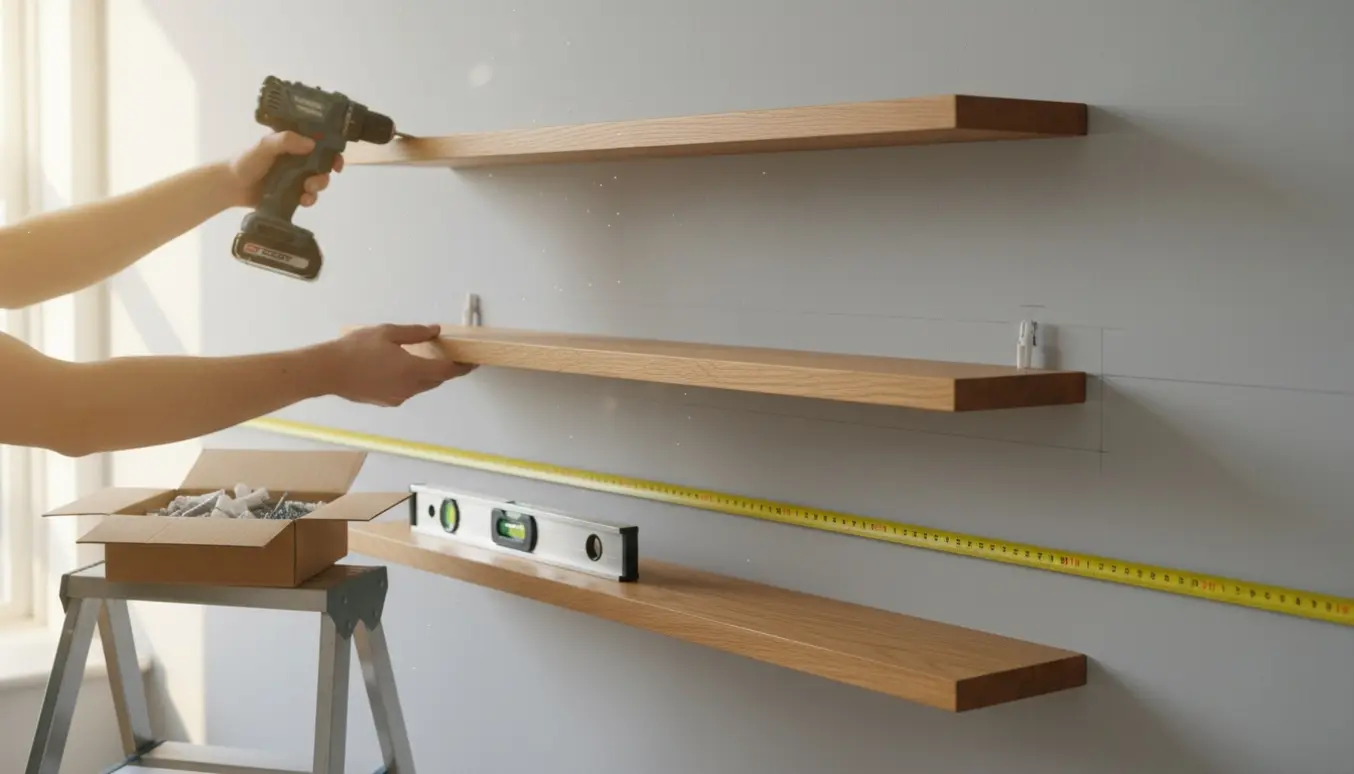 Hænder monterer en af tre gallerihylder på en væg med boremaskine, rawlplugs og skruer synlige.