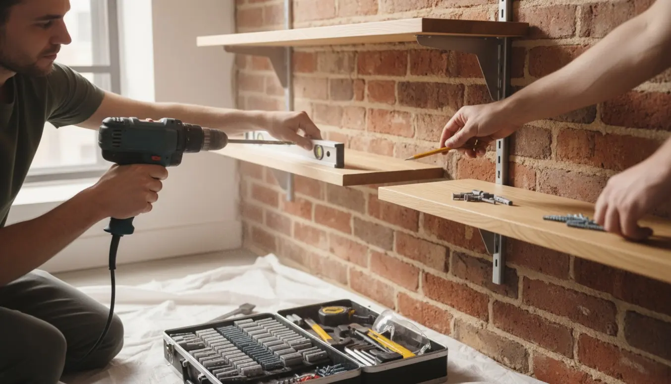 To personer monterer tre træhylder på en murstensvæg med bor og værktøj, ansigter er ikke tydelige.
