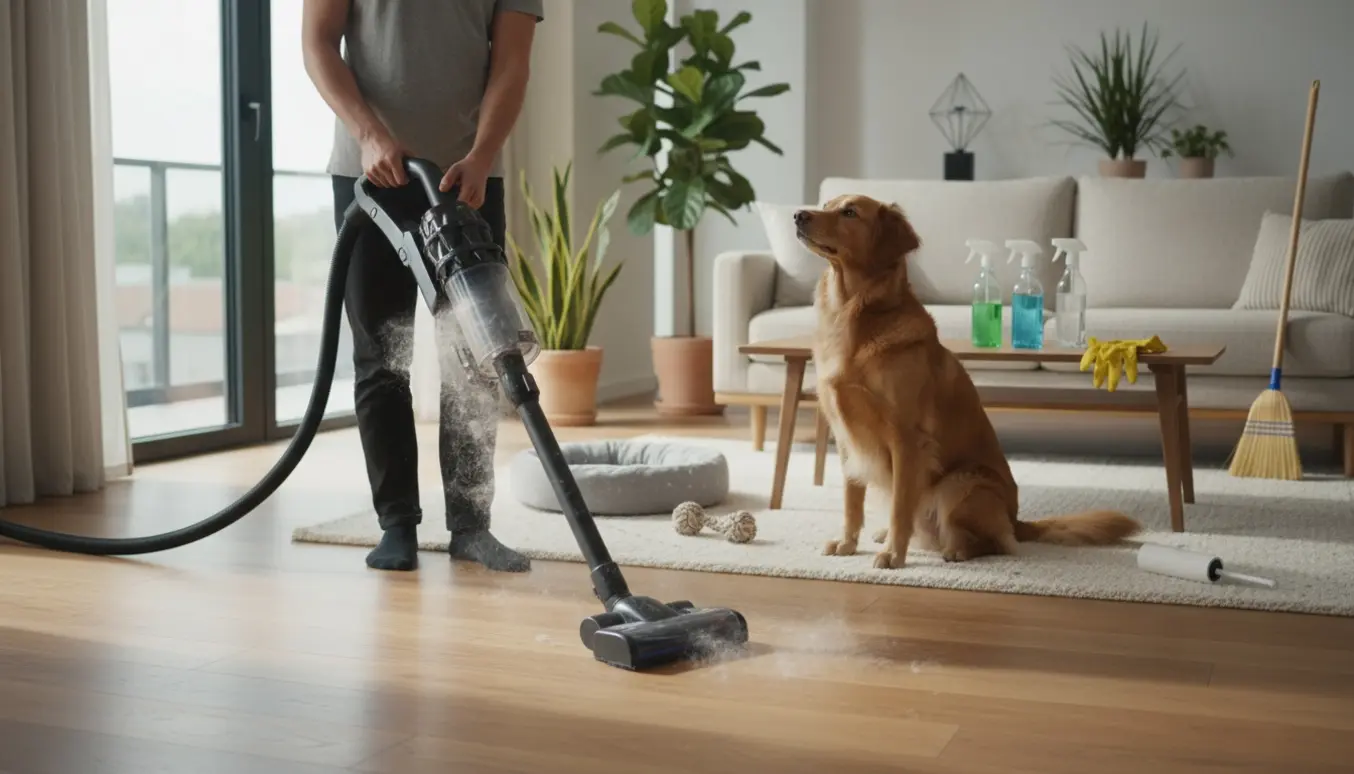 En hundevenlig rengøringsperson støvsuger et lyst, hyggeligt hjem, mens en glad hund sidder ved siden af.