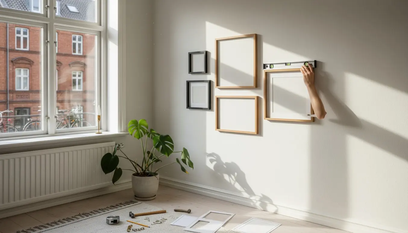 Hænder hænger fem indrammede billeder op på en væg i en lys lejlighed på Nørrebro.