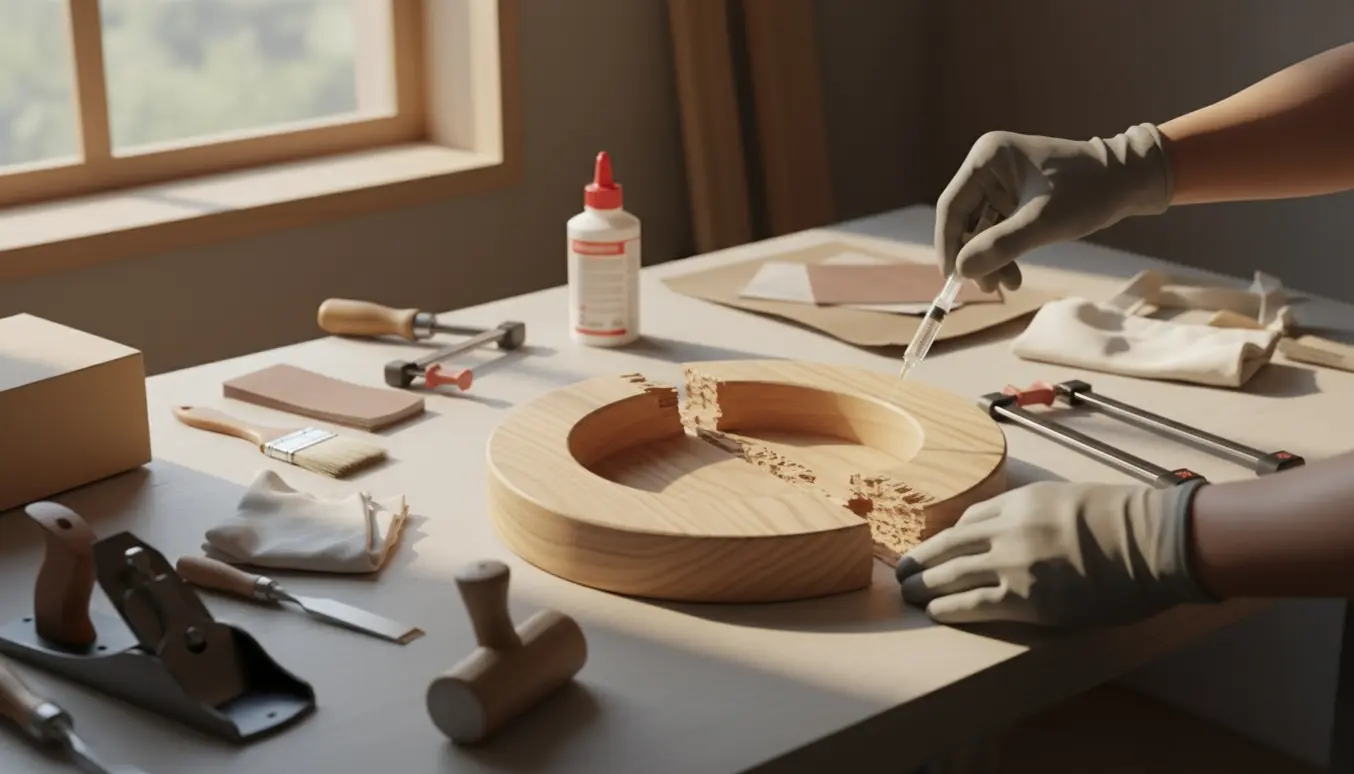 Splittet træur på et værkstedsbord med trælim, skruetvinger og værktøj klar til reparation.