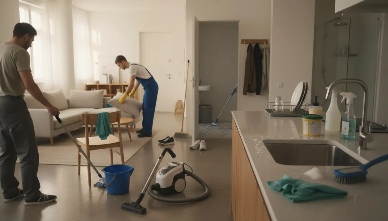 Hovedrengøring i en lys 1-værelses lejlighed med rengøringsudstyr og omrokering af lette møbler.