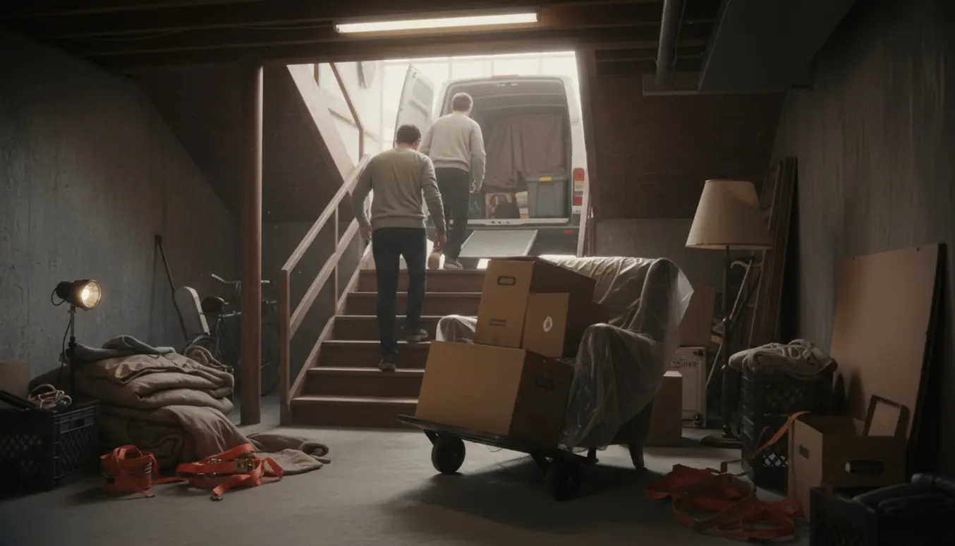 To personer bærer møbler og flyttekasser op ad kældertrappen mod en åben varevogn klar til transport til genbrugsstation.