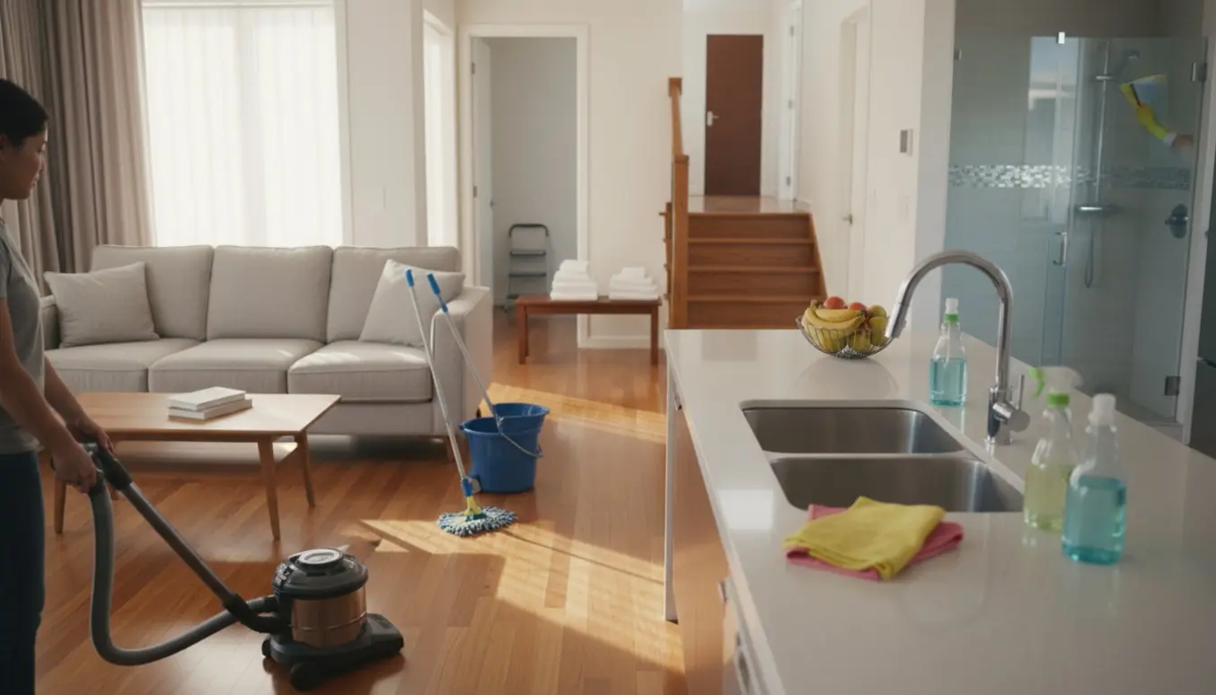 Lys hyperrealistisk scene af grundig rengøring i et hus med stue, køkken, badeværelse og trappe til 1. sal.