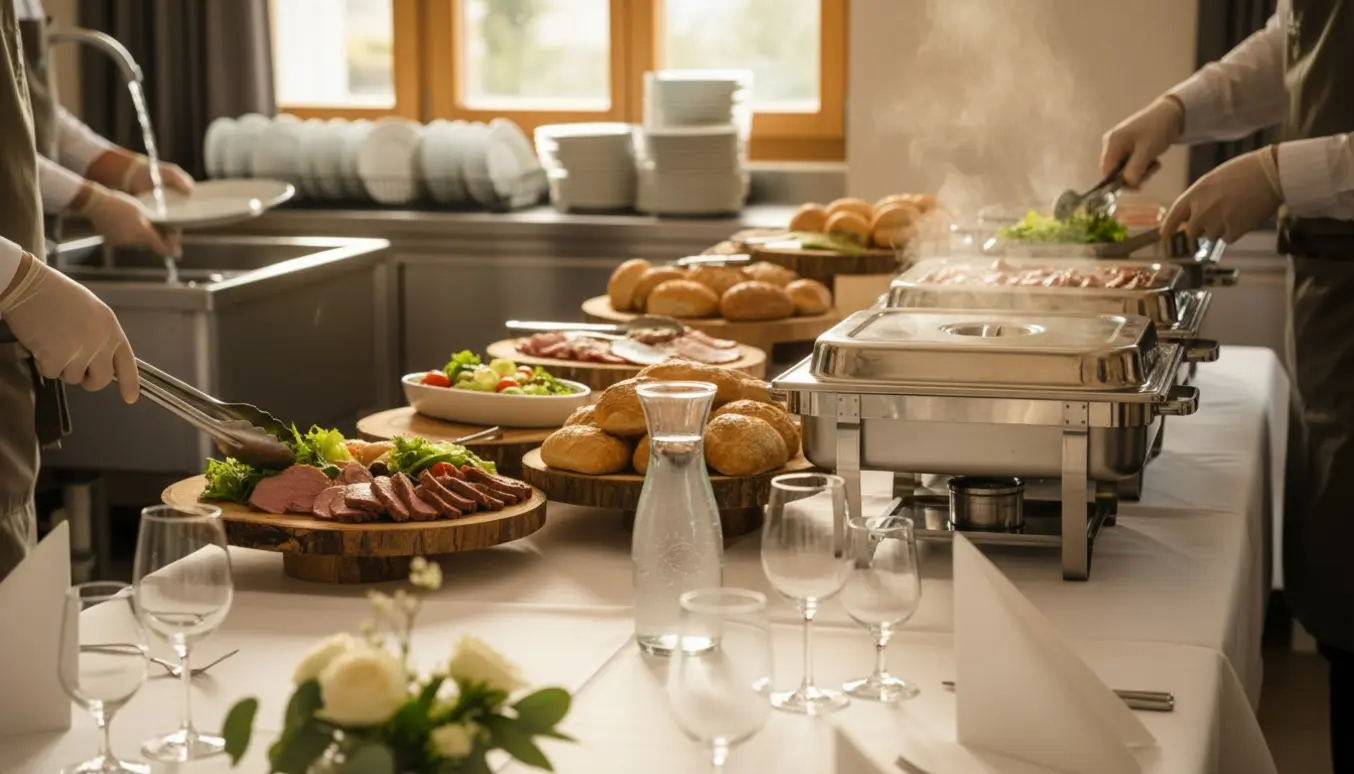 Servere sætter vin og vand på borde, fylder buffet og vasker op til en konfirmation.