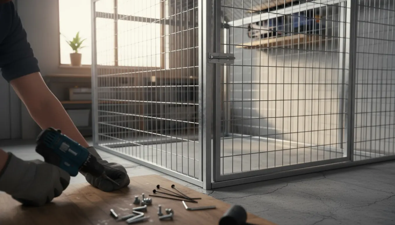 Hænder samler et stort metalsbur i en lys garage med værktøj og metalpaneler omkring.