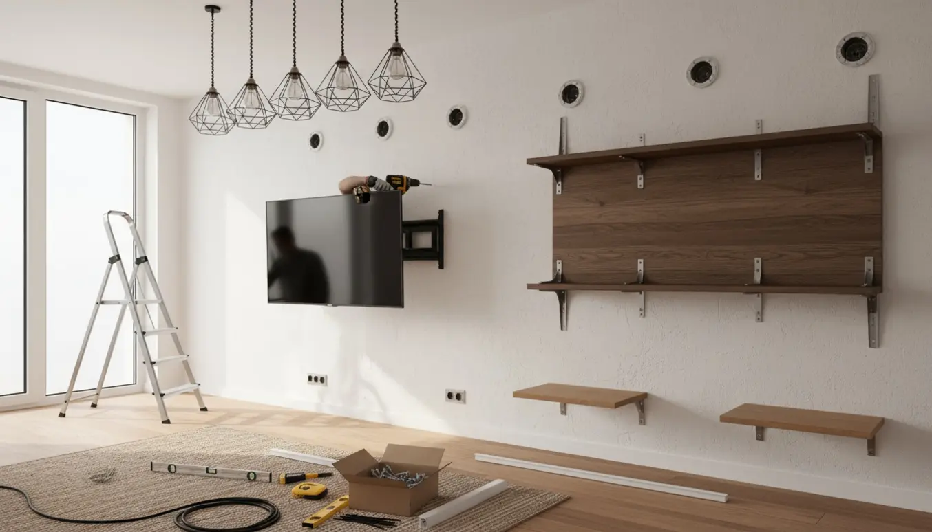 Håndværkerhænder monterer et stort fladskærms-tv og hylder i en lys stue med værktøj og lamper klar til installation.
