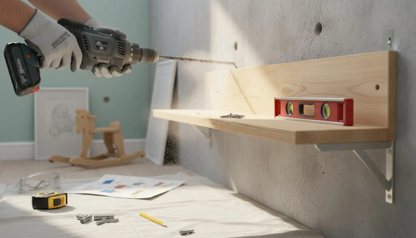 Nærbillede af montering af en træreol på en betonvæg i et børneværelse med boreværktøj og værktøj i fokus.