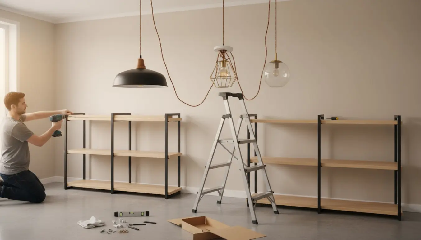 Tre loftslamper monteres, mens et lille åbent reolsystem samles i en lys stue.