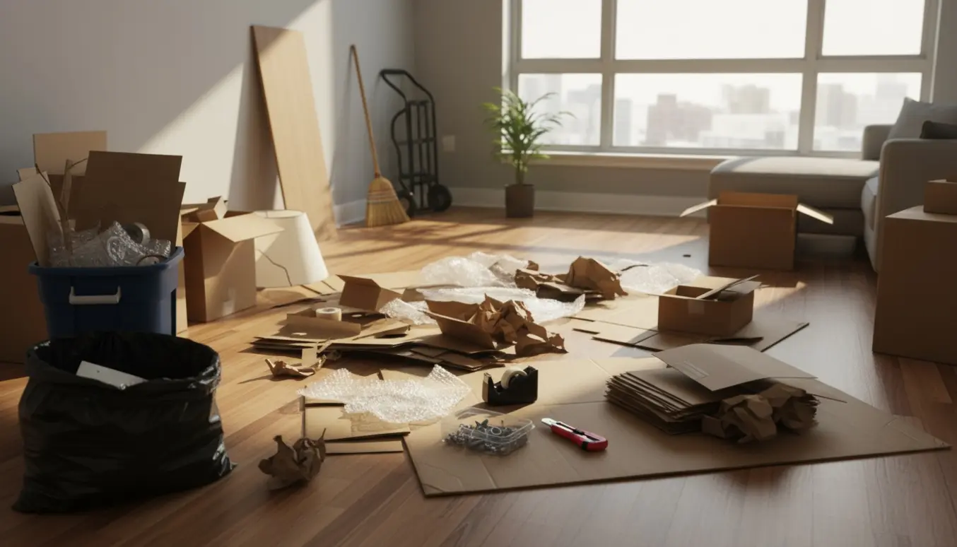 Rod efter indflytning med papkasser, bobleplast og fyldte affaldssække i en solbeskinnet lejlighed.