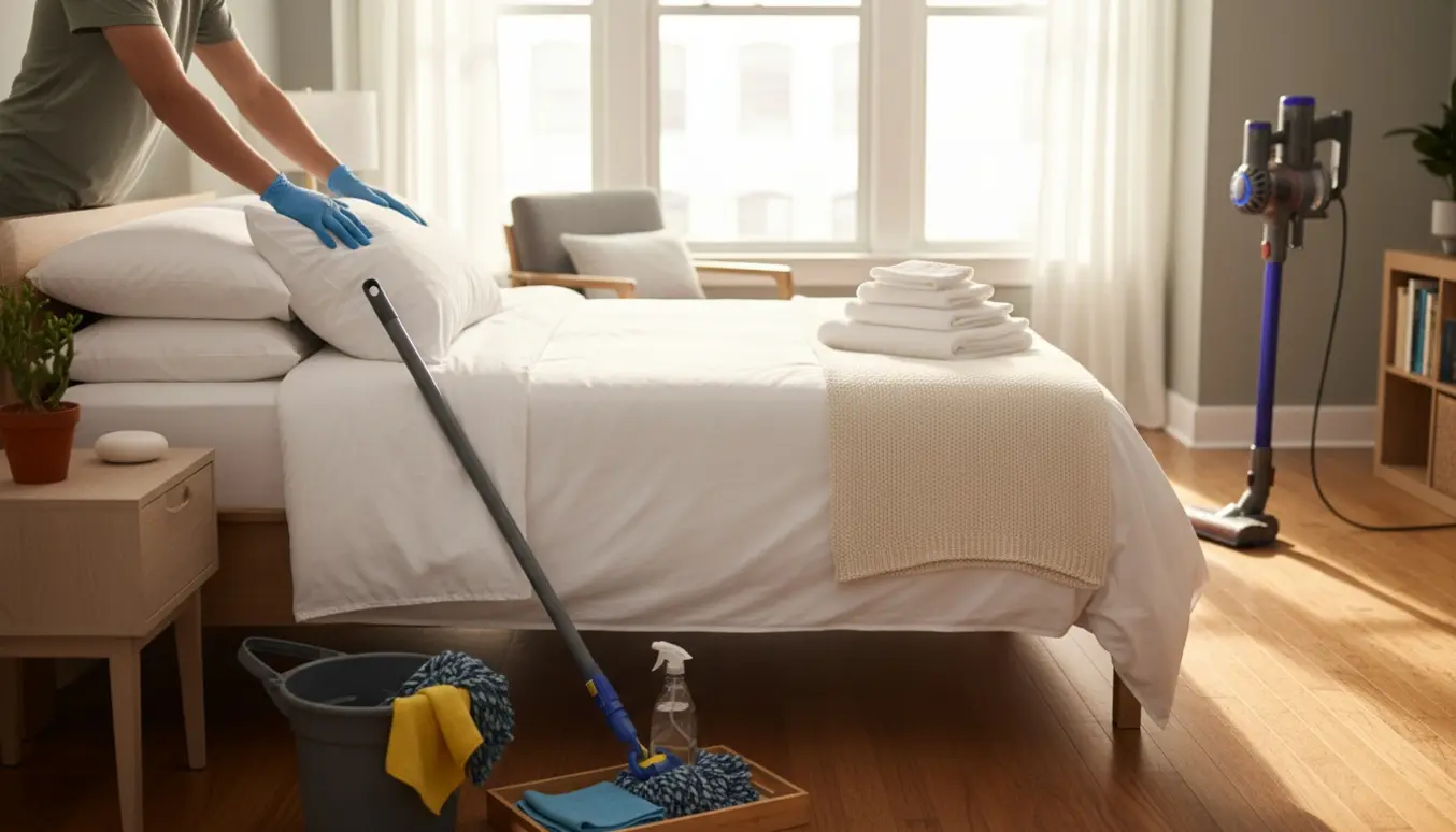 Rengjort Airbnb-lejlighed med redt seng, foldede håndklæder og rengøringsudstyr i blødt naturligt lys.