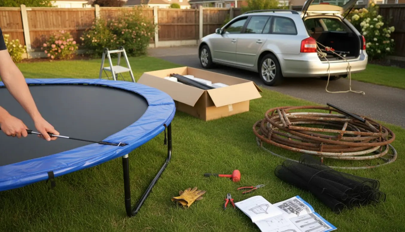 Person samler ny trampolin i haven, mens den gamle er adskilt og klar til afhentning.