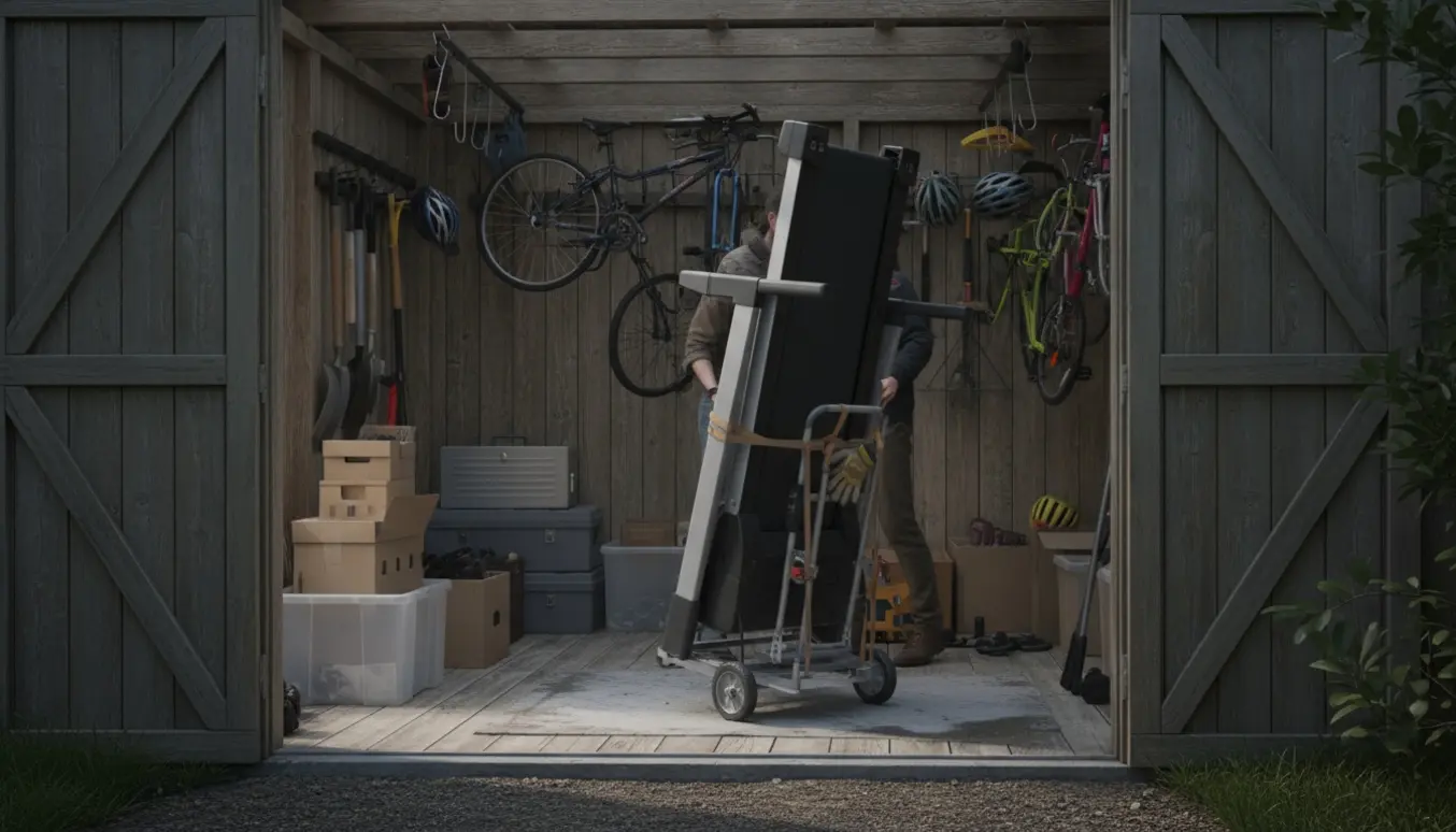 Et løbebånd bæres ud af et cykelskur og lægges på en flyttekærre.