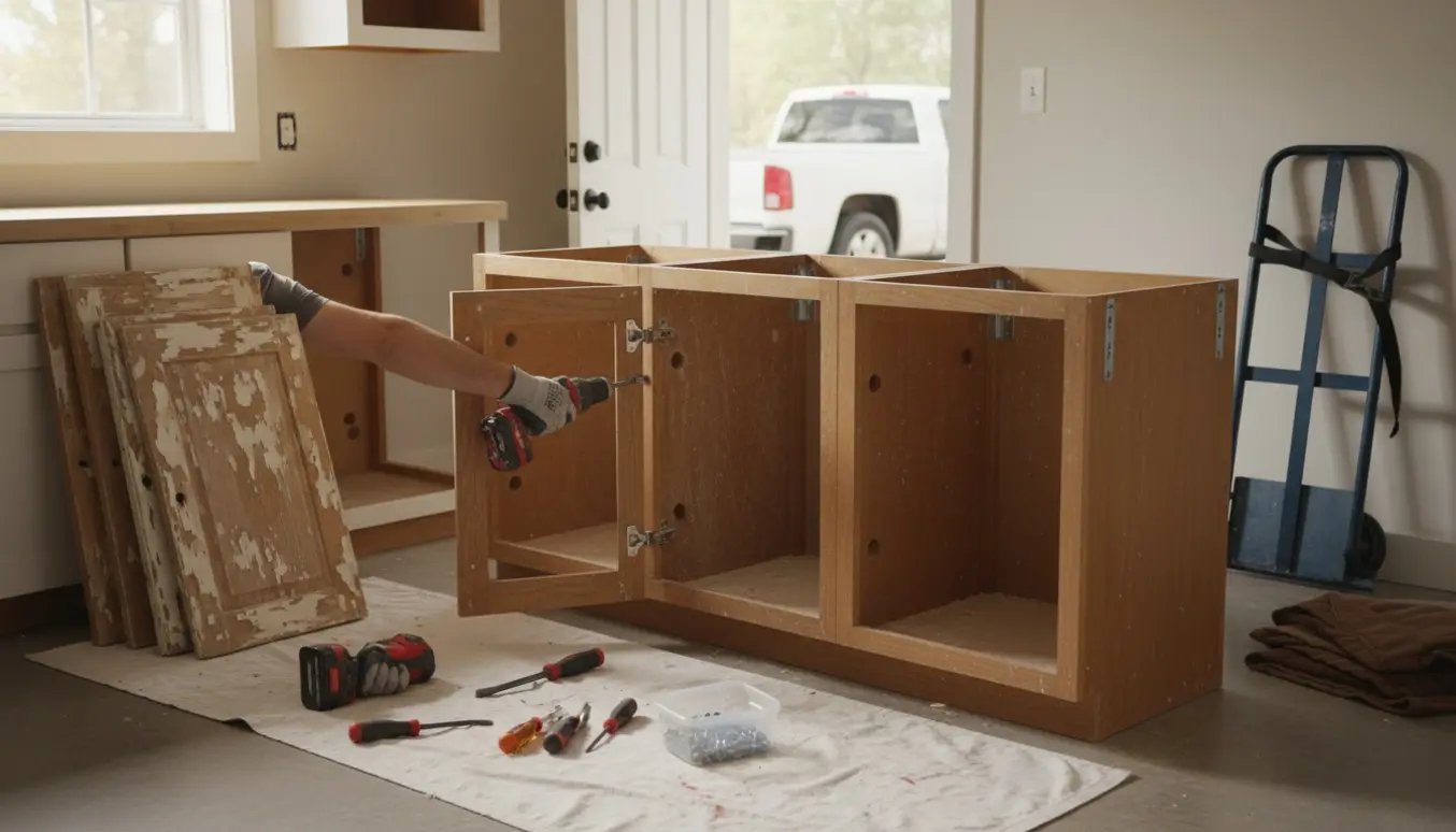 Tre køkkenskabe uden låger klar til fjernelse med værktøj og stabler af låger ved siden af.