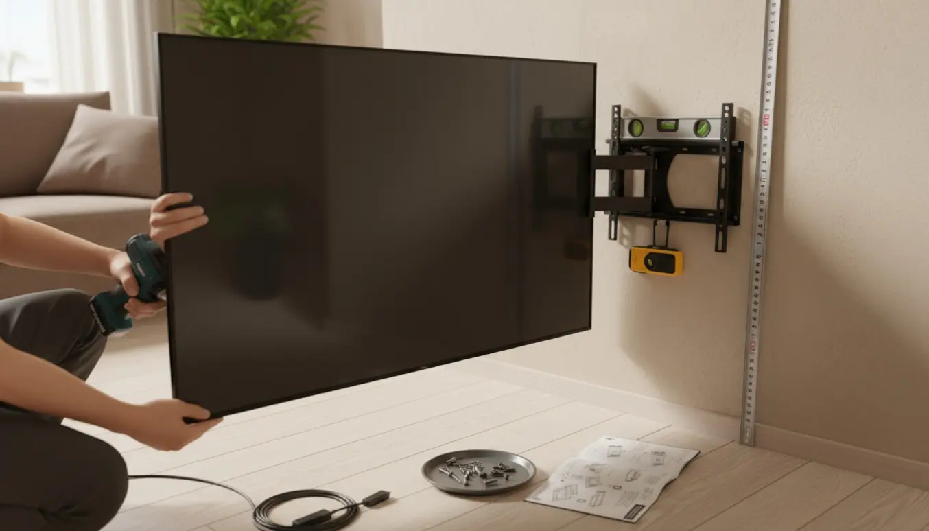 Hænder monterer et 32 tommers fladskærms-TV på væggen med bore- og monteringsværktøj.