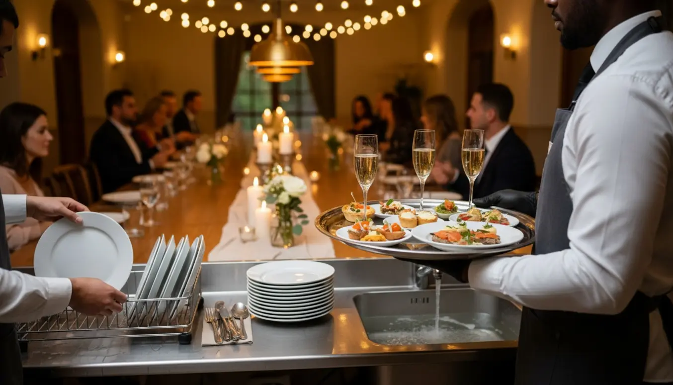 To tjenere serverer mad og vasker op i et varmt oplyst festlokale med dækkede borde.