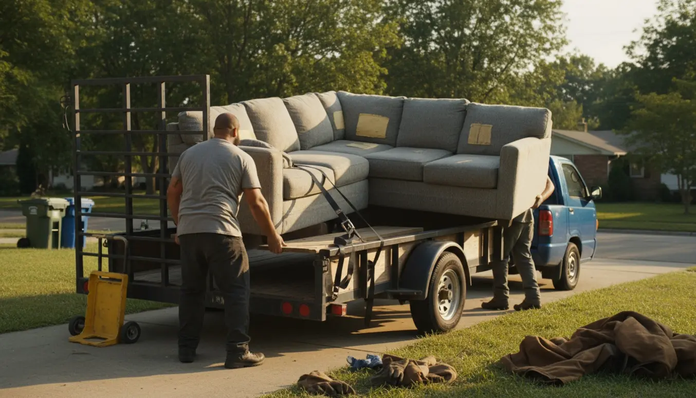 To personer læsser en hjørnesofa på en trailer i en indkørsel, ansigter ikke synlige.