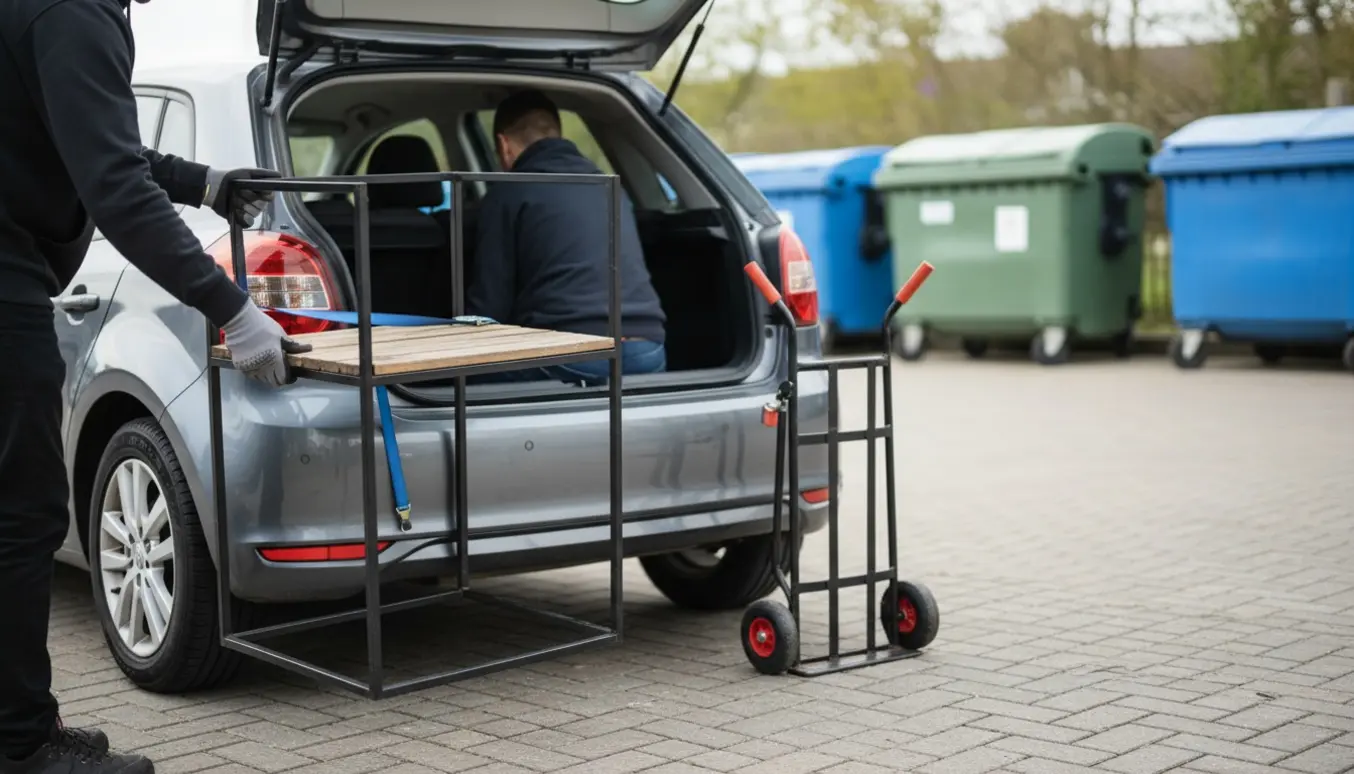 Tomt plantebord læsses i bilen ved en genbrugsplads, hænder sikrer det med en strop.