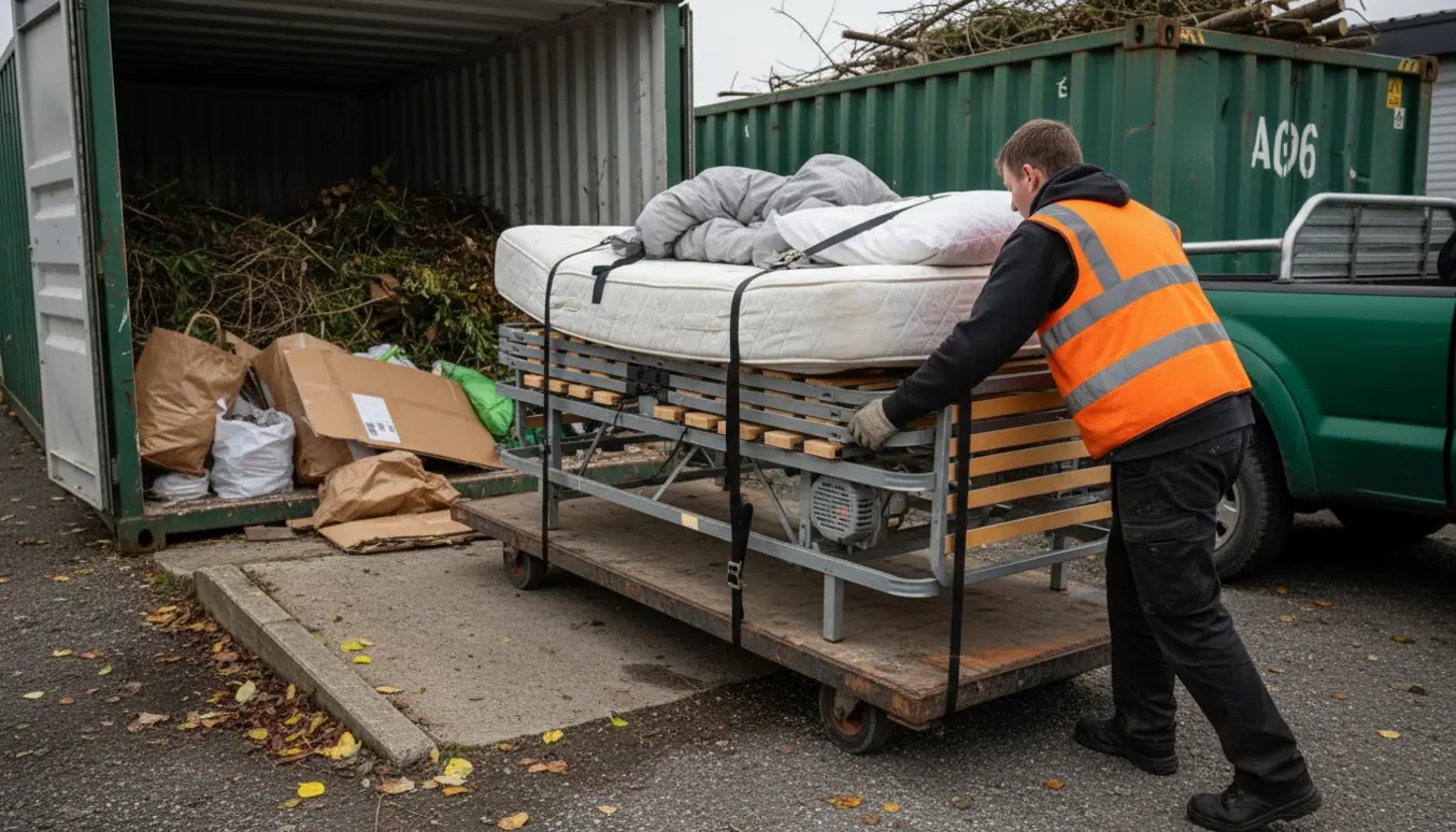 Dobbelt elevationsseng på tralle ved en genbrugsplads omgivet af haveaffald, pap og små brændbare ting.