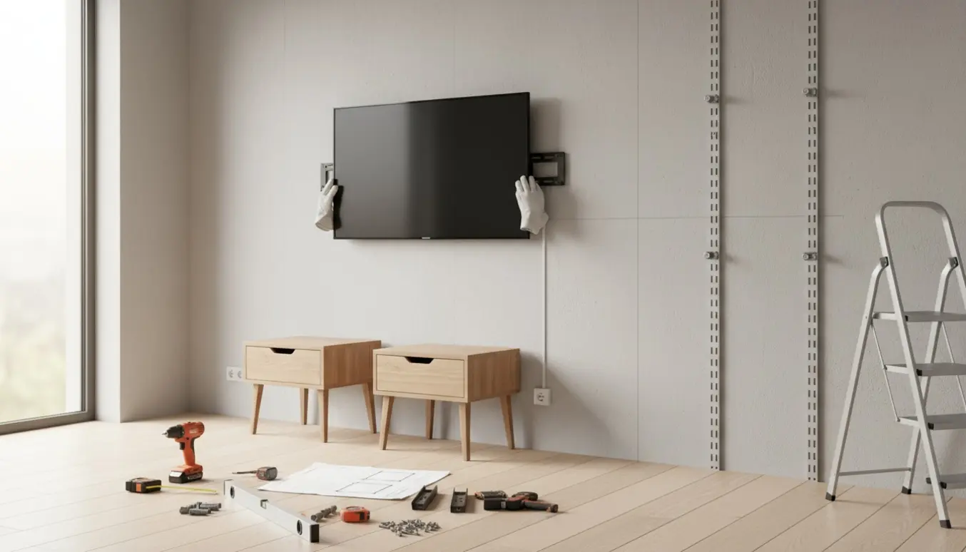 Vægmontering af ramme-tv og Boaxel-vægskinner i et lyst soveværelse med værktøj klar.