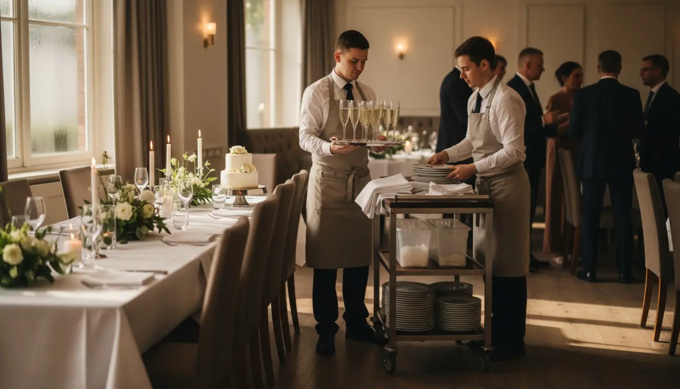 To tjenere serverer og rydder op i en lys stue under en konfirmation, mens gæster snakker i baggrunden.