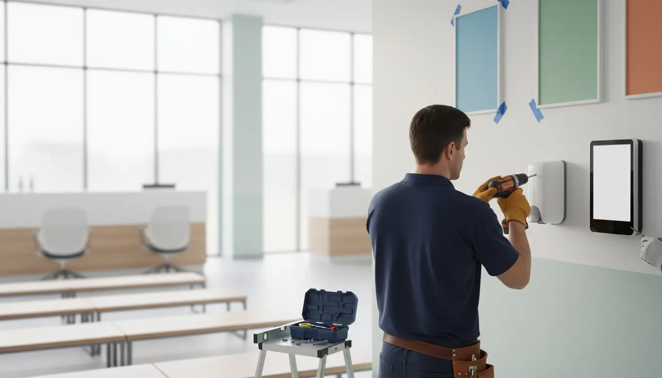 Handyman monterer dispenser og skilte i en lys, moderne lægepraksis, set fra skuldrene ned.