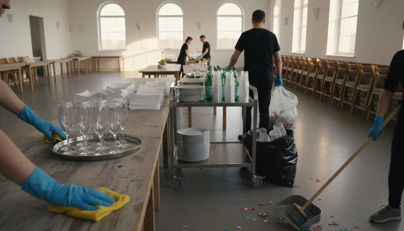Frivillige rydder op efter en stor privat fest med opfyldning af drikkevarer, stabling af tallerkener og sortering af affald.