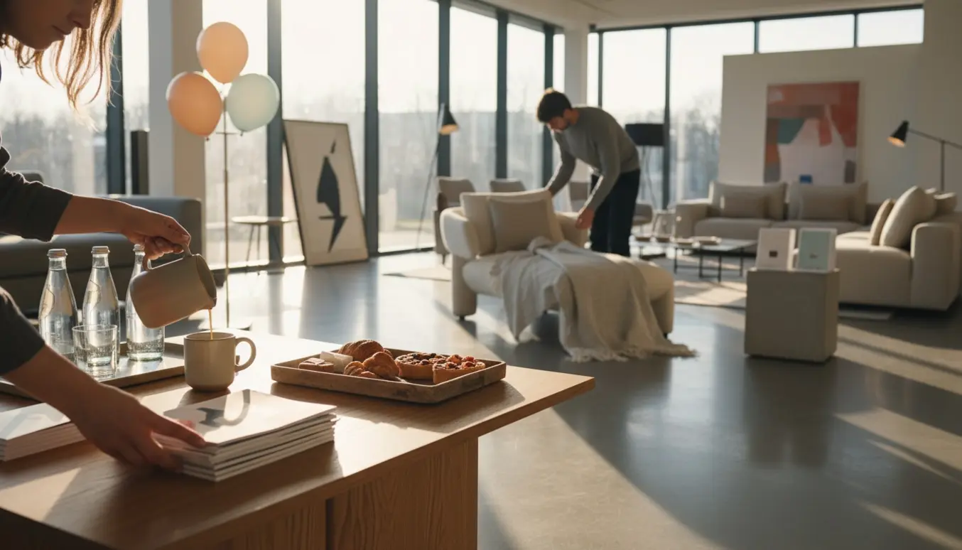 Hænder forbereder et møbelshowroom til en designbegivenhed med kataloger, kaffe og justerede møbler.