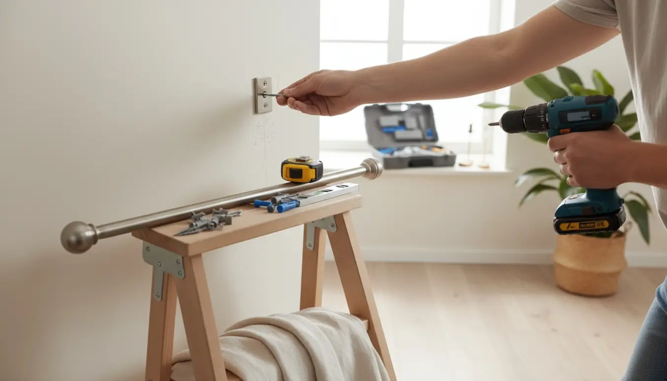 Nærbillede af hænder, der monterer en gardinstang over et vindue med boremaskine og værktøj i en lys stue.