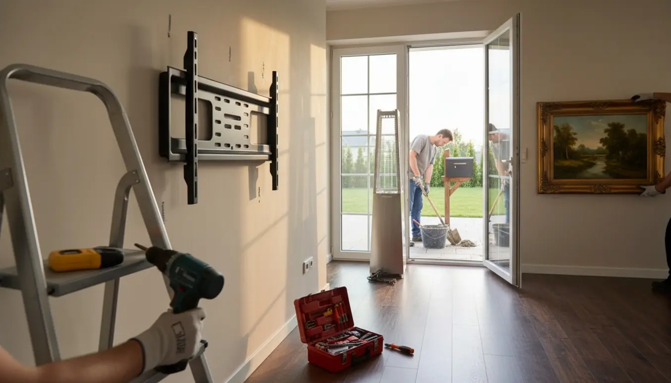 Hænder monterer TV og hænger malerier, med terrassevarmer og postkassearbejde synligt gennem terrassedøren.