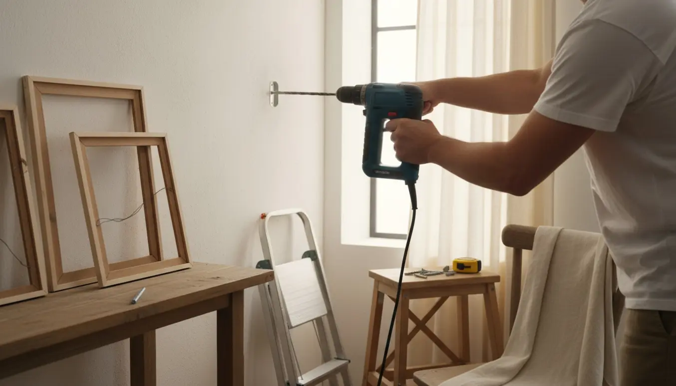 Nærbillede af hænder, der bruger en slagboremaskine til at montere en gardinstang og hænge billeder i en lys stue.