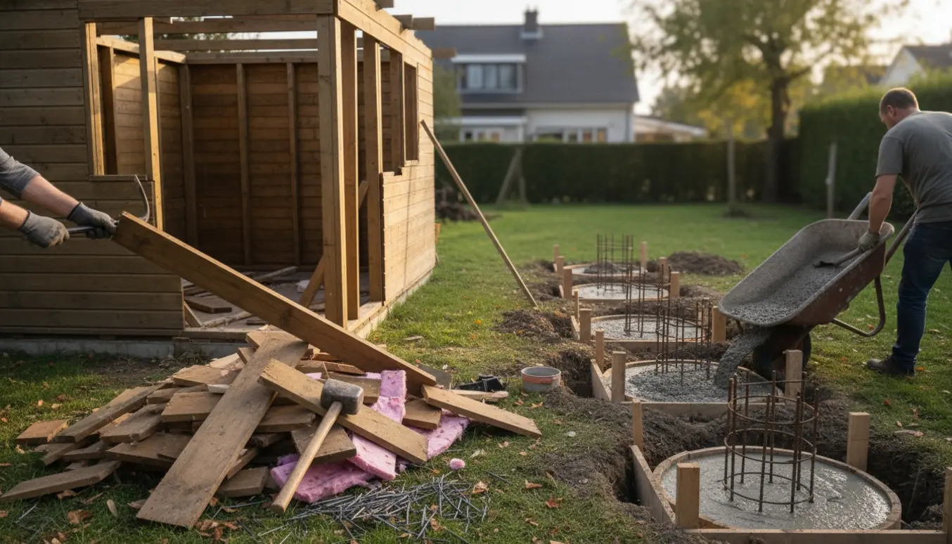 Halvvejs nedrevet træhytte i haven ved siden af udgravede punktfundamenter med våd beton og værktøj.