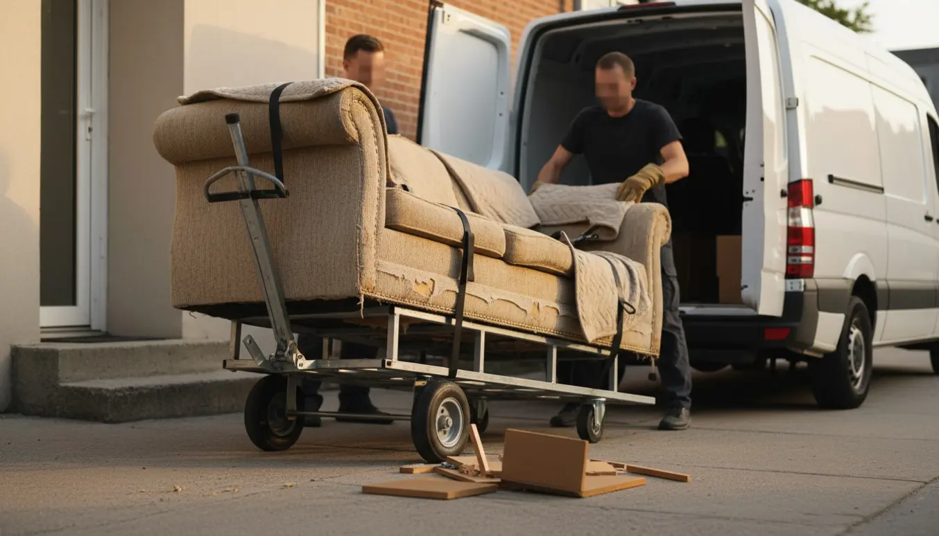 En gammel sofa bæres ud af en lejlighed og lastes i en varevogn med flyttetæpper og handsker.