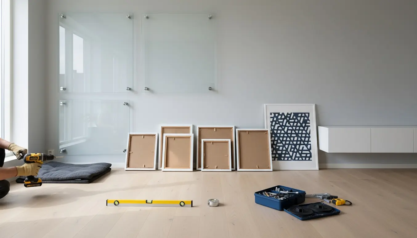 Nærbillede af ophængning af glastavler, indrammede billeder og Montanareoler i en moderne stue med værktøj.