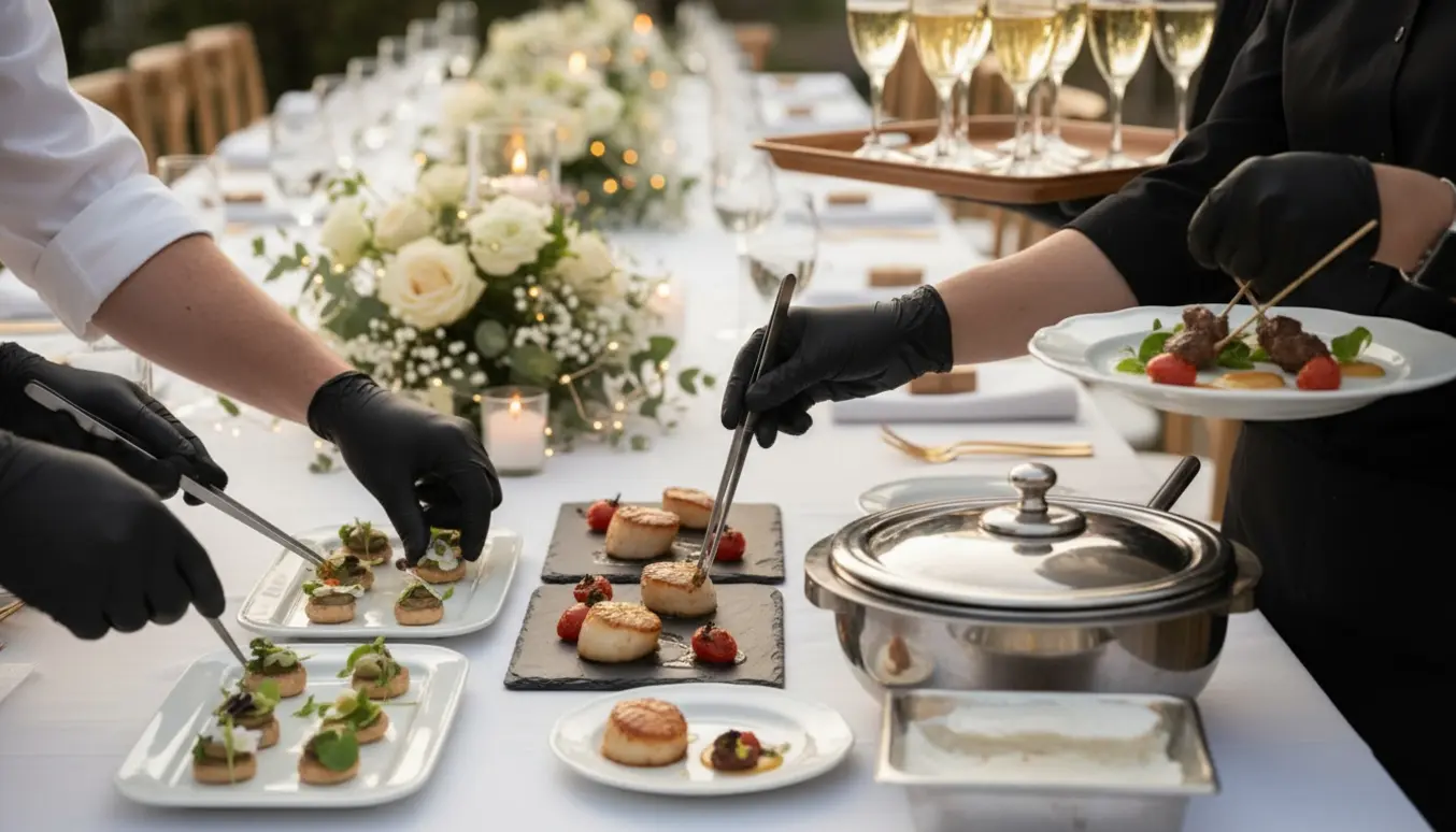 Hænder anretter elegante kanapéer og serverer champagne ved en flot dækket bryllupsreception.