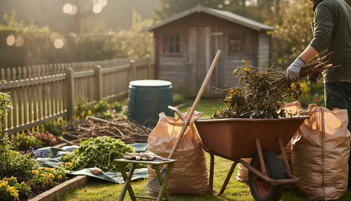 Person læsser grene og blade i en trillebør ved oprydning af haveaffald.
