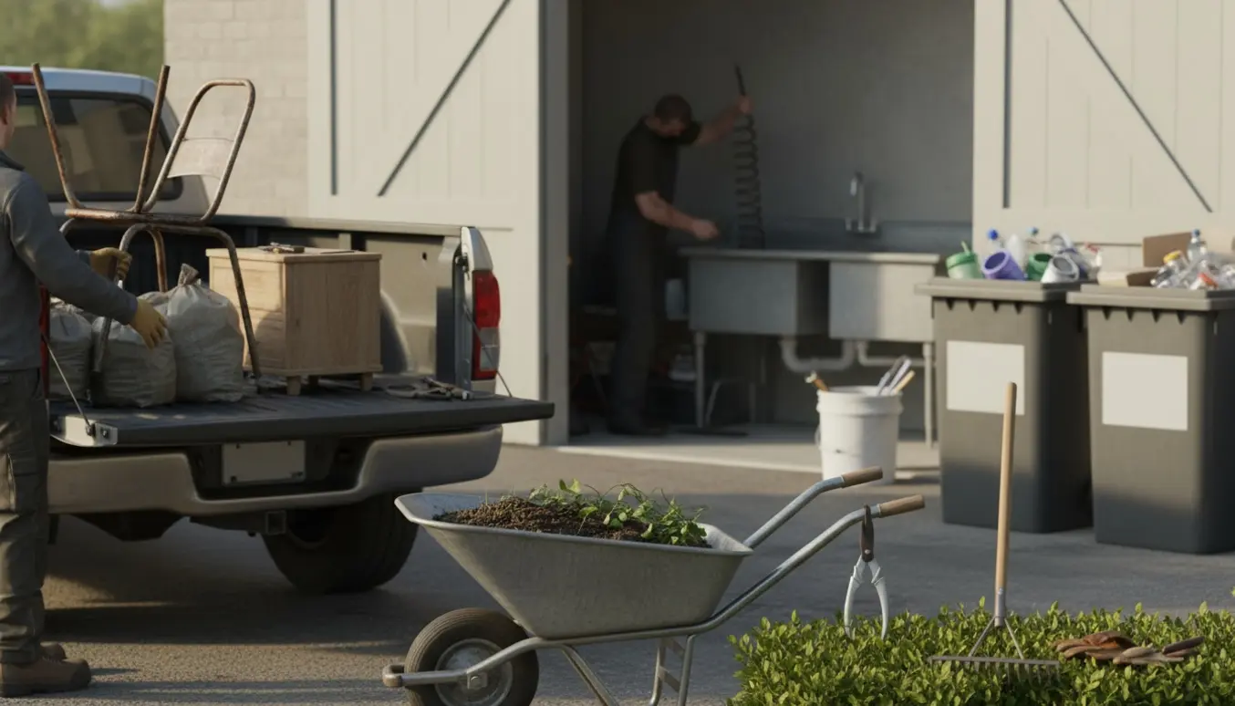 Pickup-truck læsses ved genbrugsplads med haveaffald i trillebør og værksted hvor afløb renses, ingen tydelige ansigter.