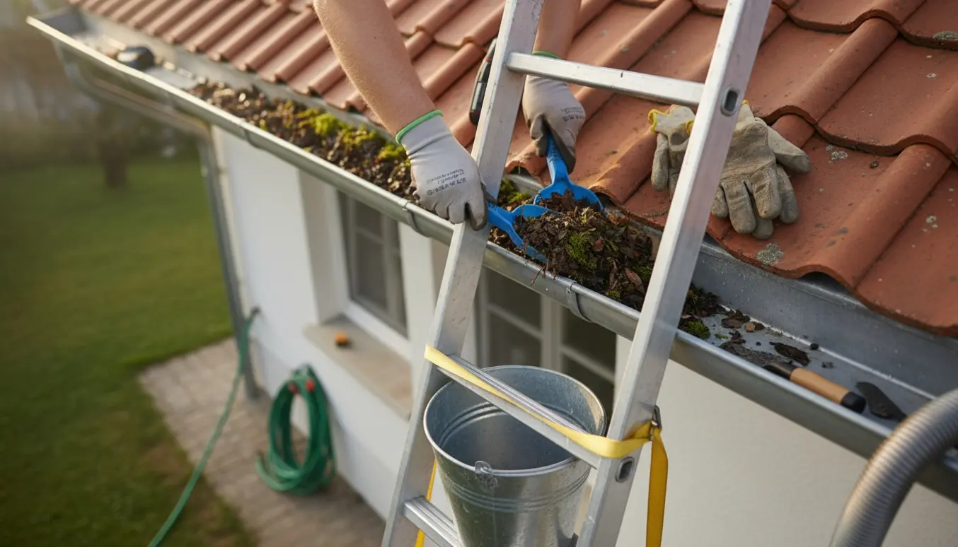 Nærbillede af handsker ved en stige, der fjerner blade og mos fra en tagrende på et lille hus med en synlig ren sektion.