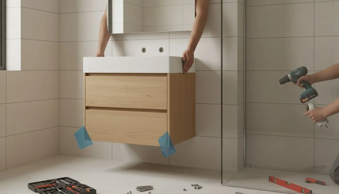Montage af vaskeskab, spejl og brusevæg i et lyst badeværelse med håndværkerens hænder og værktøj.