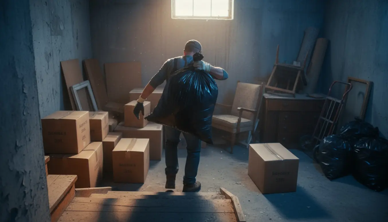 Person set bagfra bærer en sort affaldssæk ned ad en kældertrappe omgivet af kasser og gamle møbler klar til at blive smidt ud.