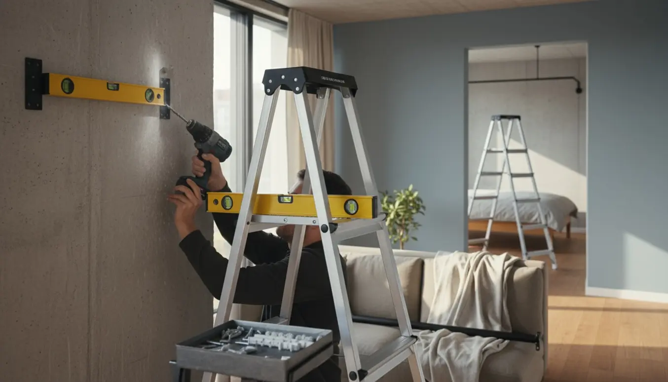 Person monterer gardinstang i betonvæg i lejlighed med boremaskine og stige.