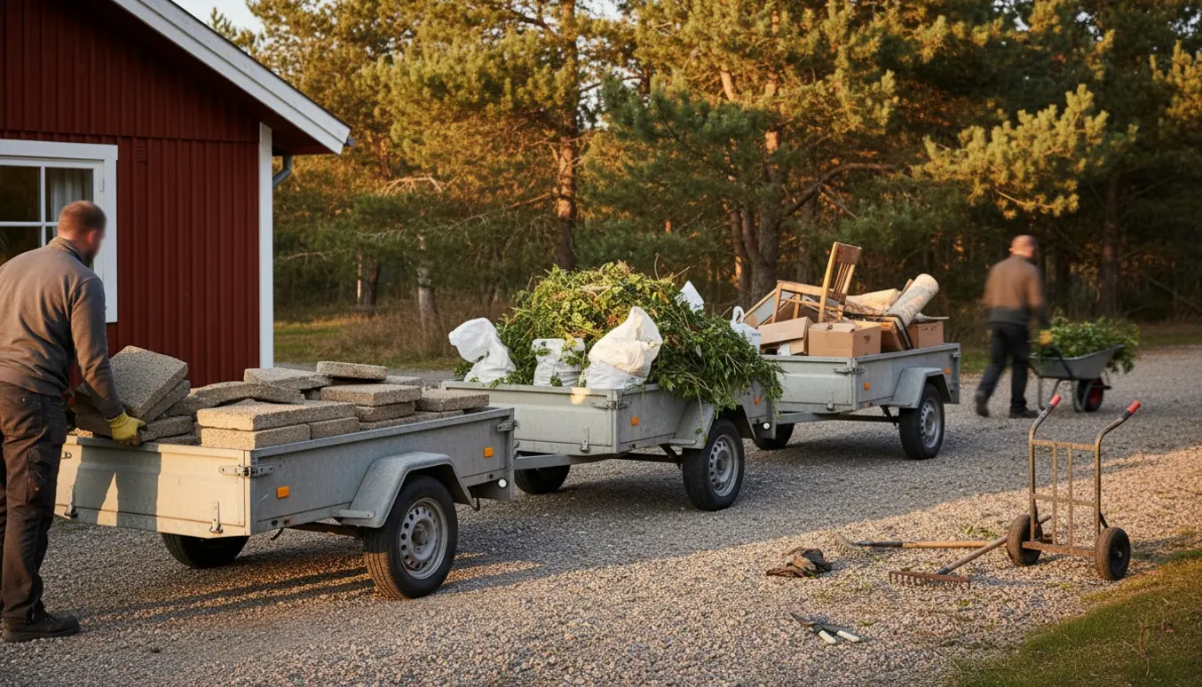 Trailere ved et sommerhus fyldt med fliseafskæringer, haveaffald og diverse småting under oprydning.