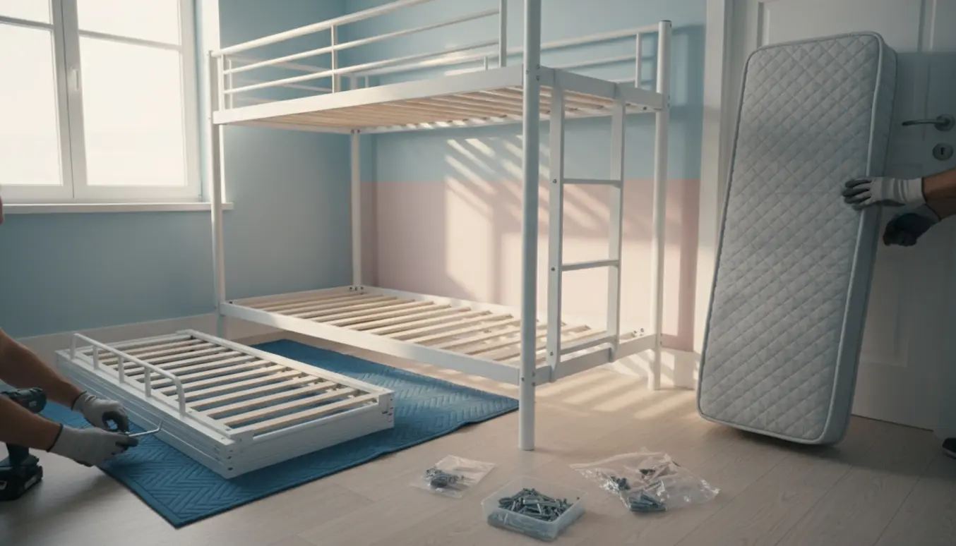 Hænder monterer en hvid IKEA VITVAL køjeseng i et børneværelse, med dele og værktøj rundt om.