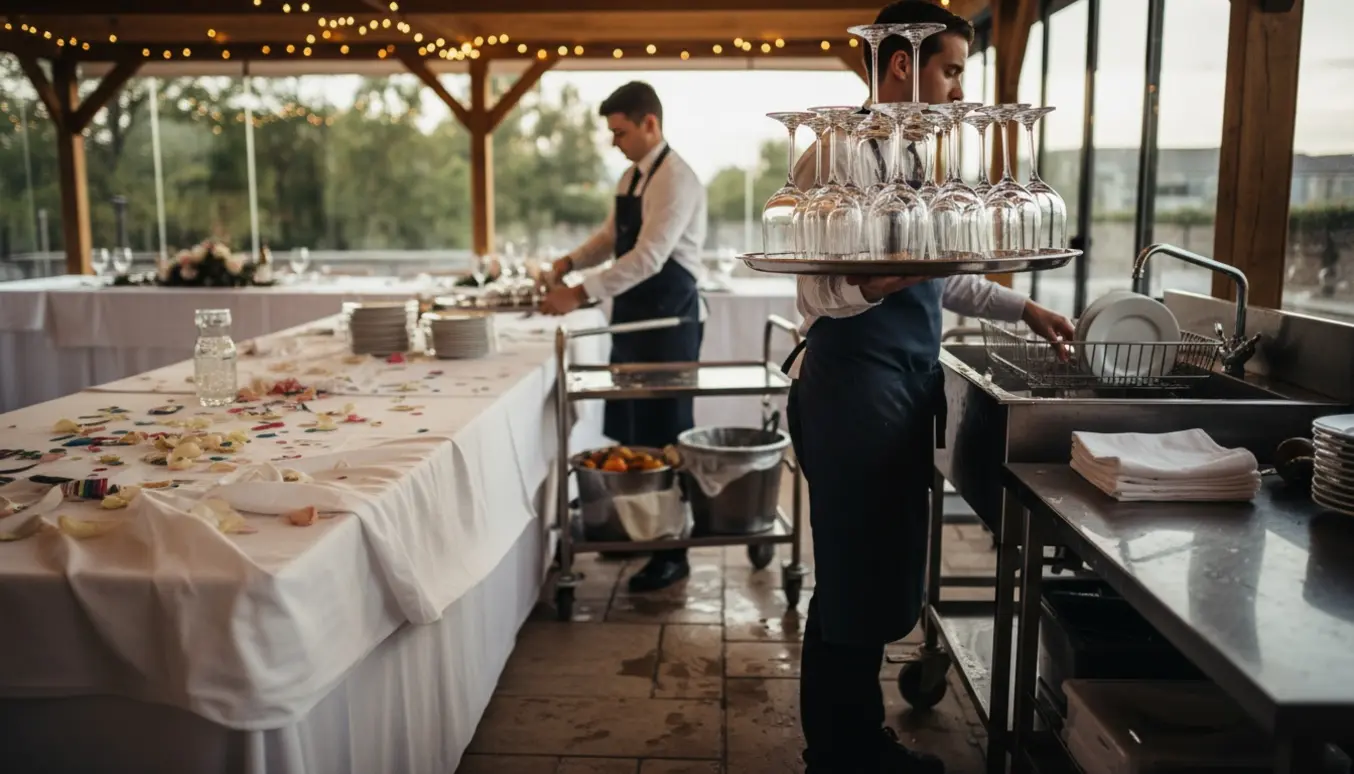 Hjælper rydder op efter bryllupsfest med bakker, glas og opvask ved et bord med hvide duge.