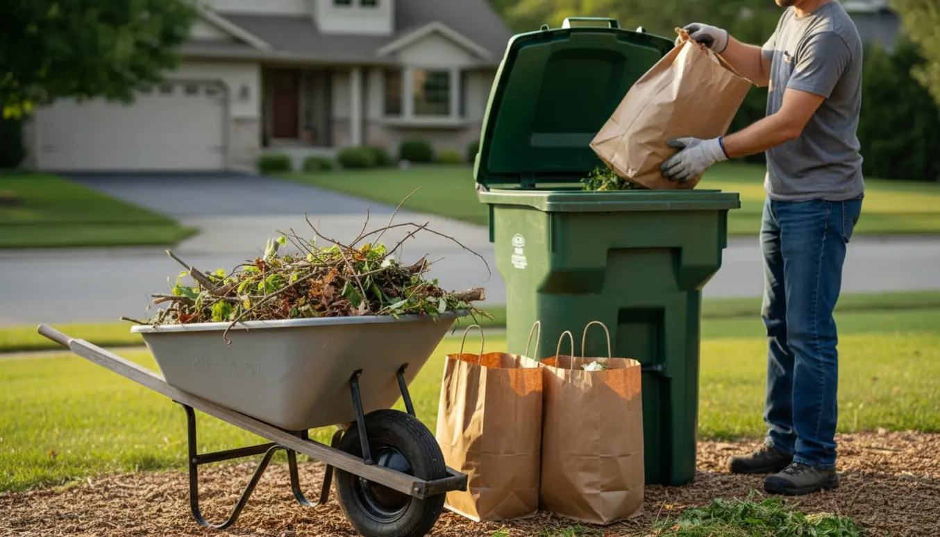 Person læsser haveaffald i papirposer ved en genbrugsplads tæt på hjemmet, ansigt ikke synligt.